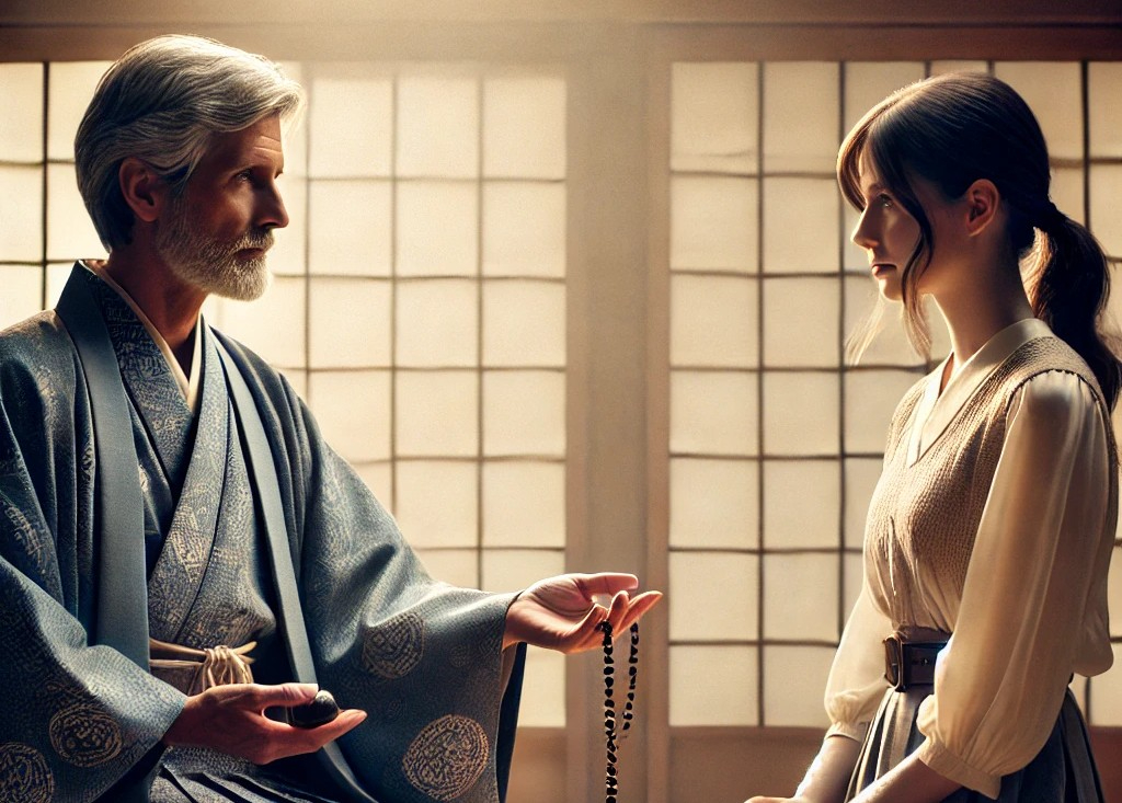 DALL·E 2025-05-13 05.54.55 - A scene showing a 40-something male spiritual medium in traditional Japanese clothing (kimono or montsuki) giving a spiritual consultation to a 20-som.jpg