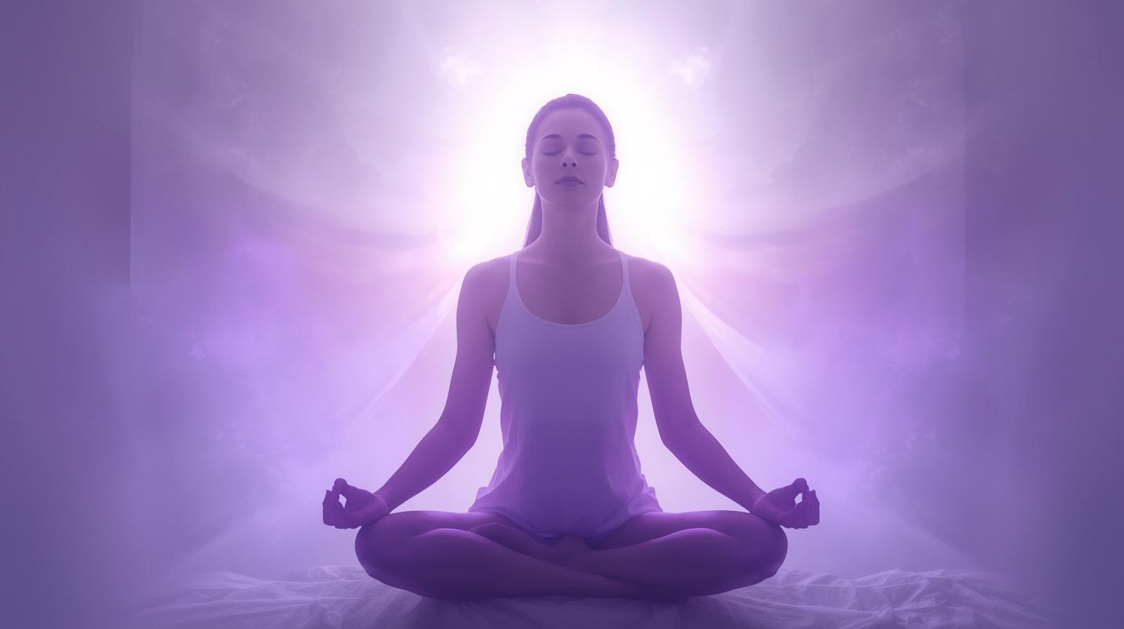 ※【アイキャッチ画像②】_イメージ：瞑想する女性、背後に広がる淡い光のオーラ　カラートーン：白と薄紫.jpg