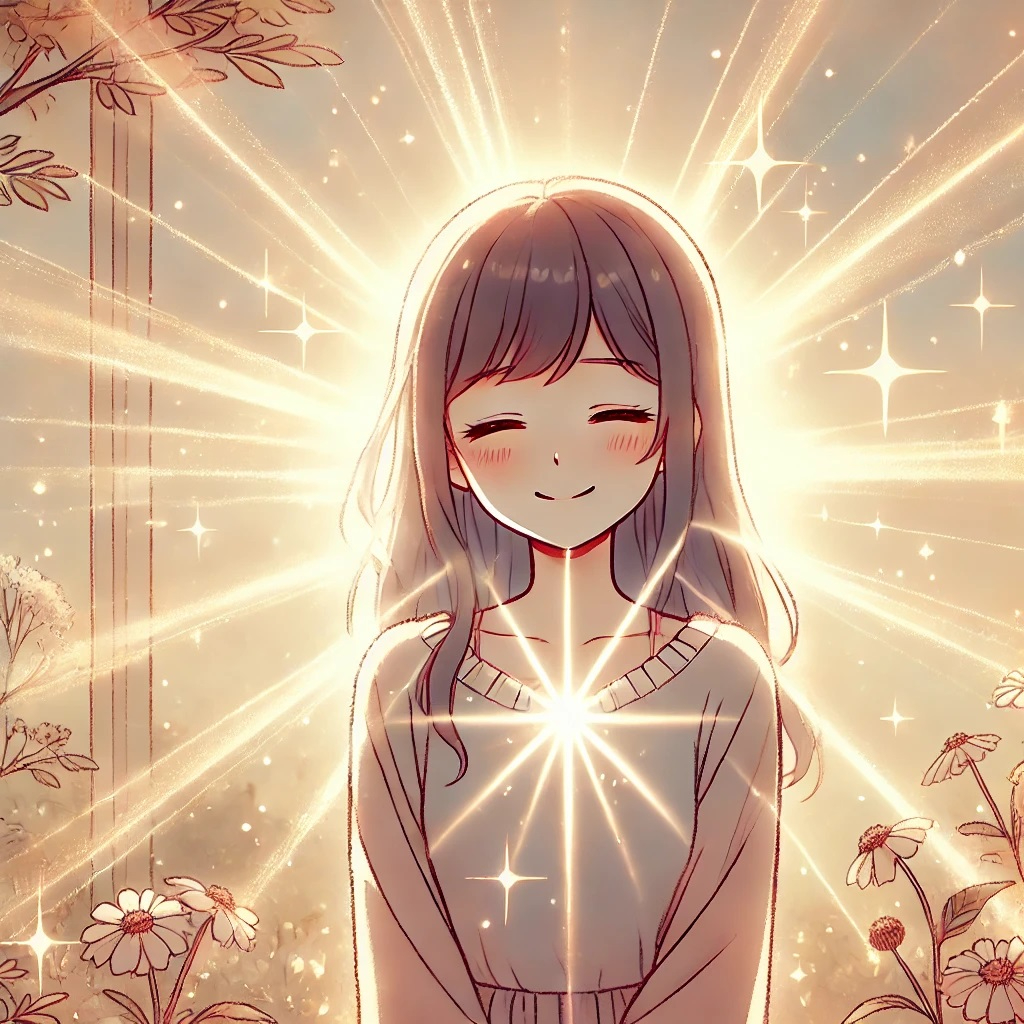DALL·E 2025-03-22 13.42.00 - An anime-style illustration of a young woman radiating high positive energy, surrounded by glowing light. She is smiling with her eyes closed, standin.jpg