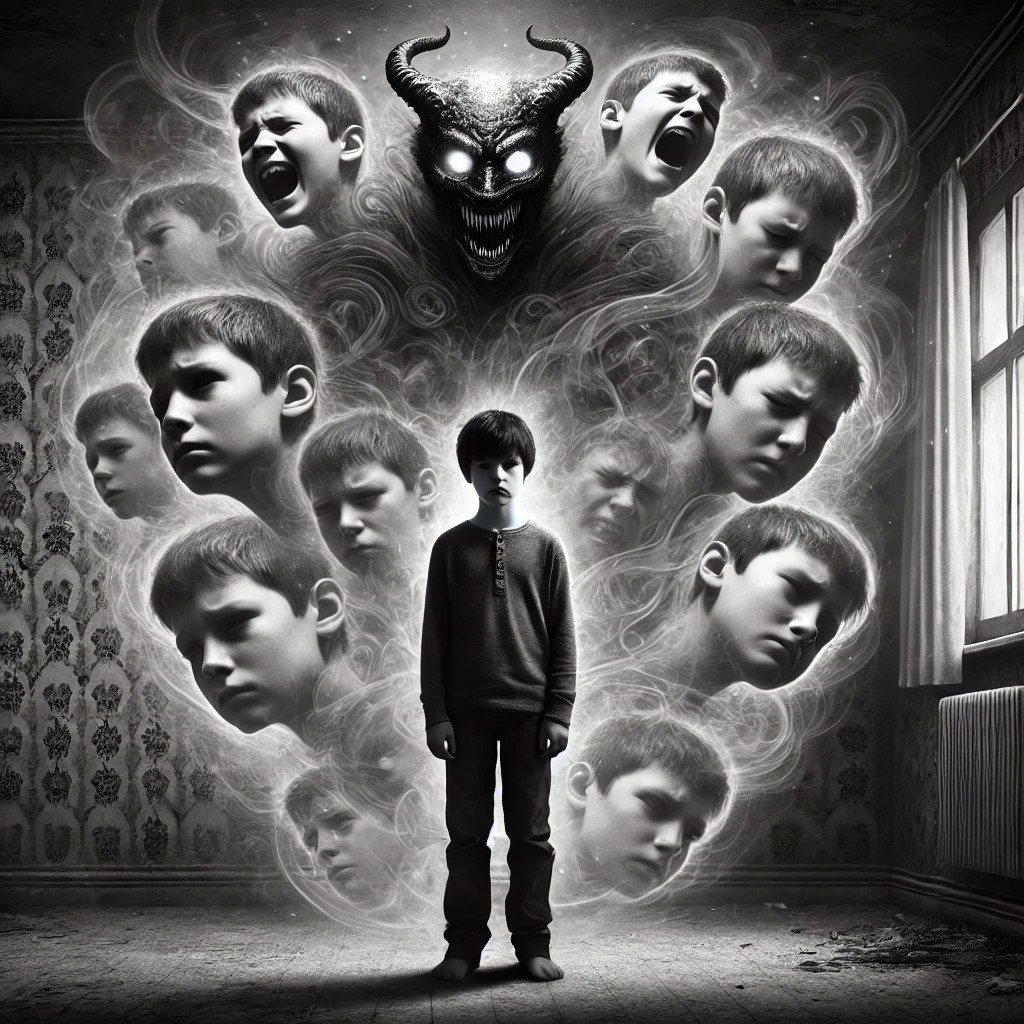 DALL·E 2025-07-15 11.59.32 - A dark, surreal illustration of a 10-year-old boy standing alone in a dimly lit room. He has a blank, emotionless expression. Surrounding him in a gho.jpg