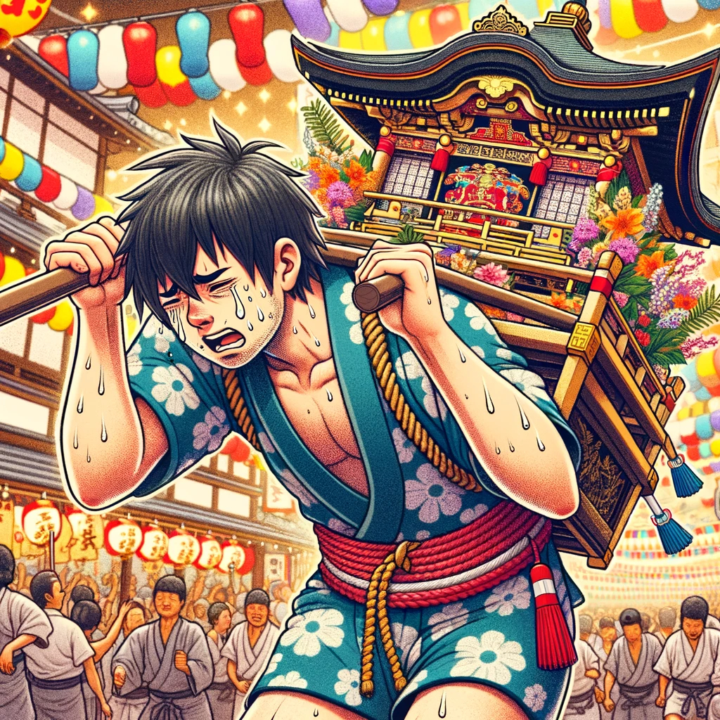 DALL·E 2023-11-07 17.41.58 - Create an image depicting a summer festival scene with a person of Japanese descent wearing a traditional festival outfit, exhaustedly carrying a miko.png