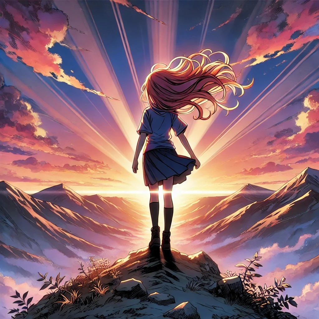 DALL·E 2025-02-25 21.36.38 - An anime-style illustration of a young woman with flowing hair standing confidently on a mountain peak at sunset. She looks toward the horizon with a .jpg