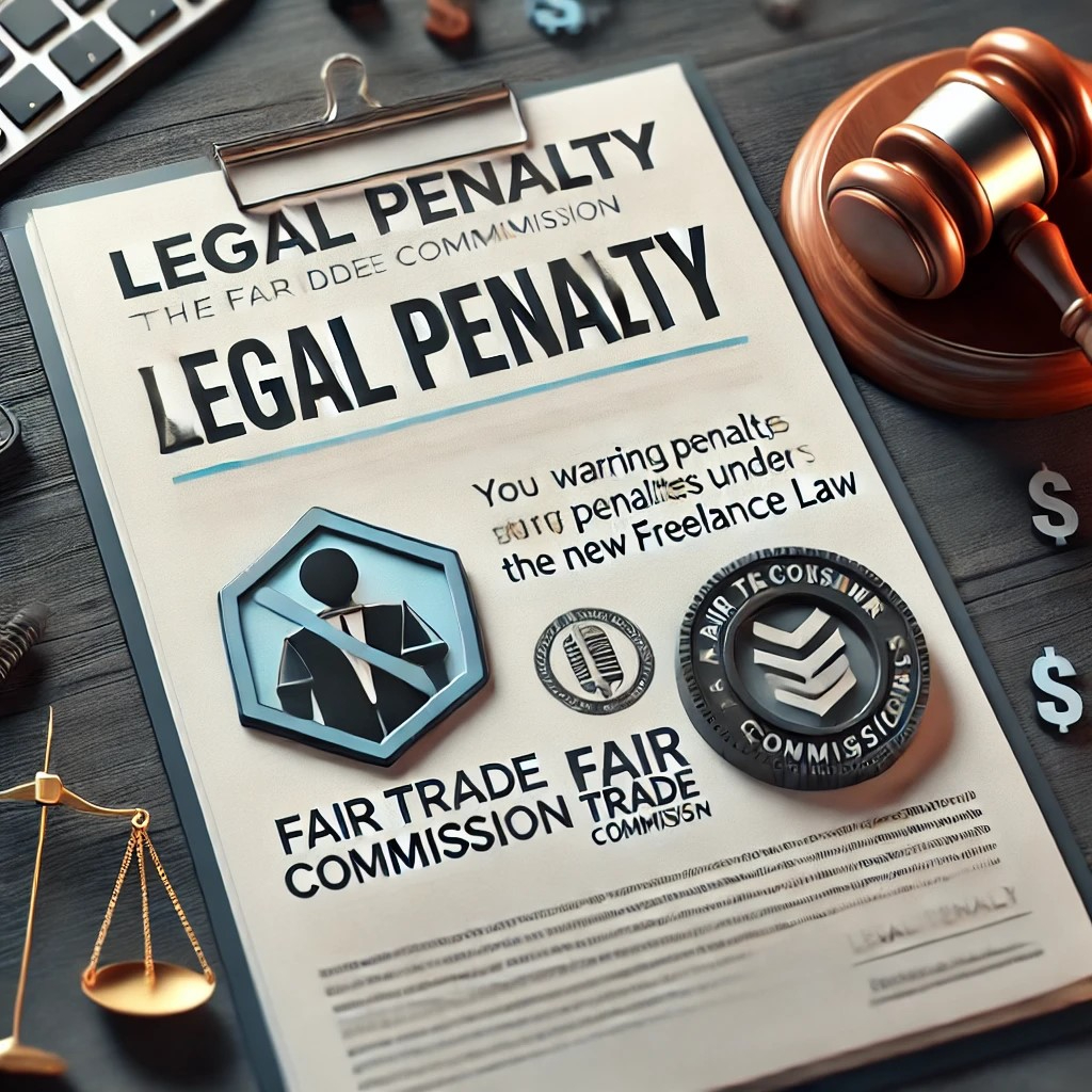 DALL·E 2024-10-21 23.24.53 - An illustration showing a 'Legal Penalty' document with a warning symbol, a gavel, and a Fair Trade Commission emblem, symbolizing the enforcement of .jpeg