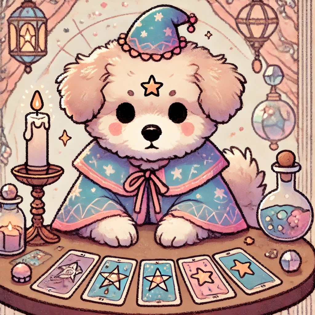 DALL·E 2024-10-24 09.26.26 - A cute and whimsical illustration of a dog fortune teller, featuring a small, fluffy dog wearing a colorful, starry cloak and a tiny pointed hat. The .jpeg