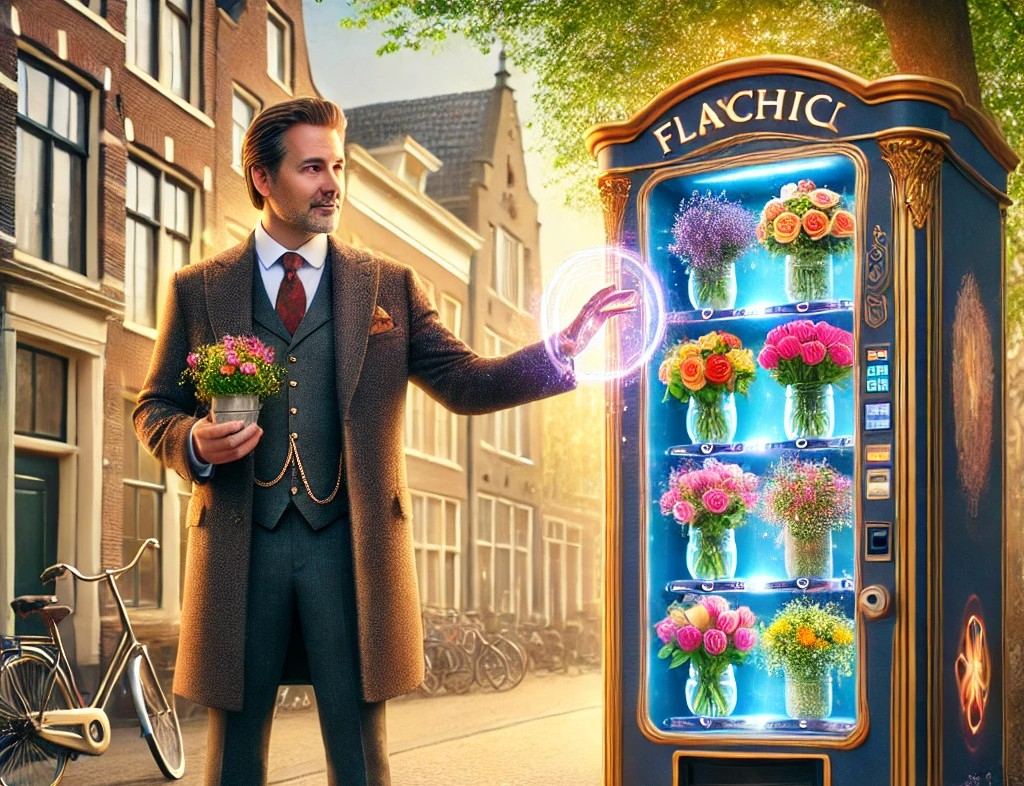 DALL·E 2025-04-28 23.06.30 - A magical and realistic scene set on a charming sidewalk in a Dutch city. A dignified 40-something male psychic, dressed stylishly with a calm and foc.jpg