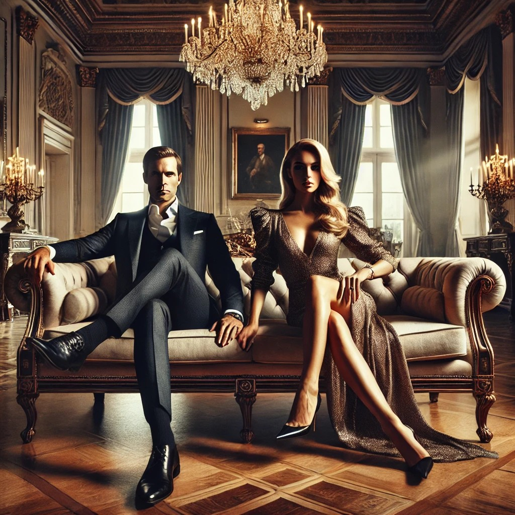 DALL·E 2025-07-11 11.54.11 - A powerful and wealthy couple sitting confidently on a luxurious sofa in a grand mansion. The man and woman are in their 50s, dressed in high-end fash.jpg