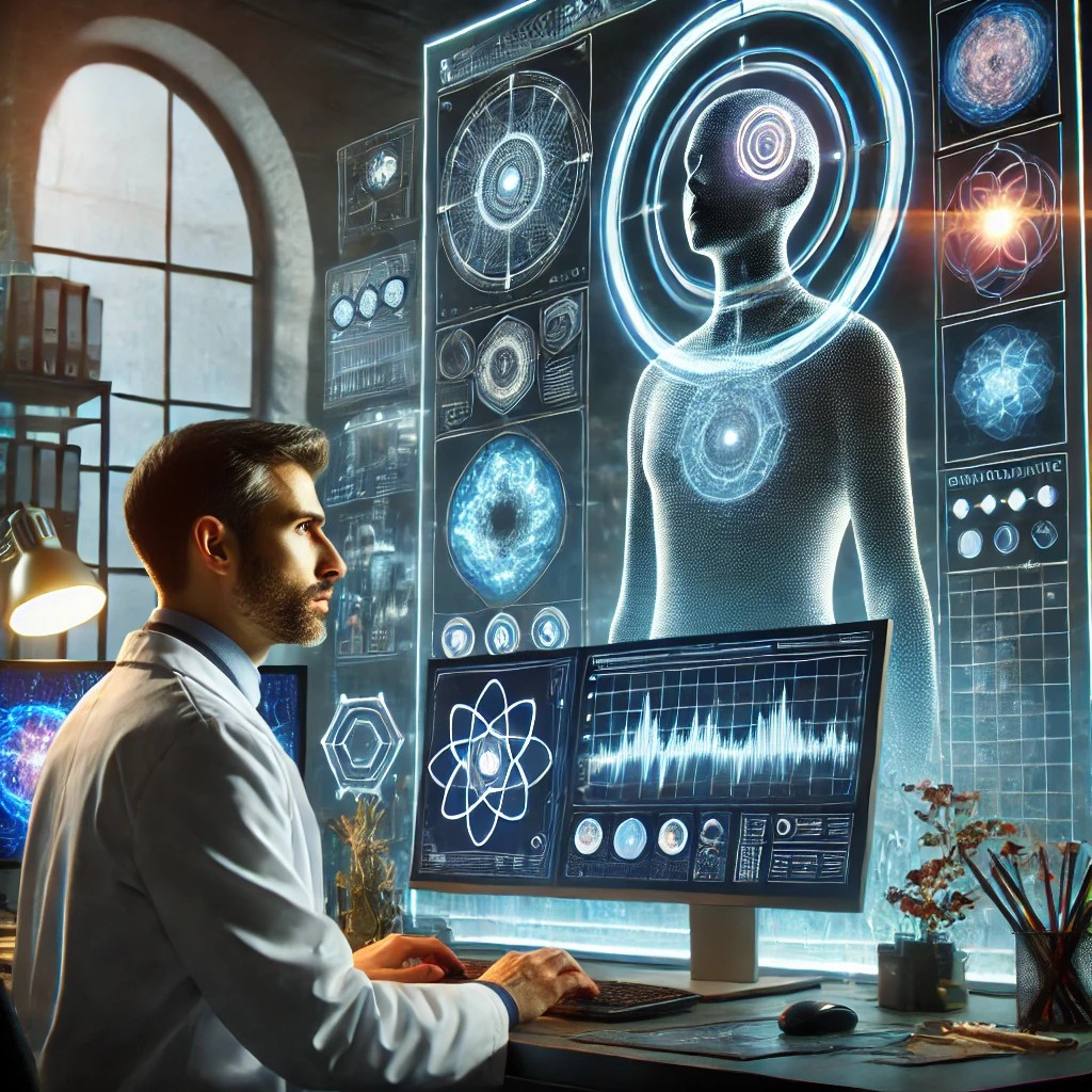 DALL·E 2025-07-11 11.39.53 - A scientist in a modern laboratory analyzing supernatural abilities or psychic powers through a scientific lens. The setting includes advanced compute.jpg