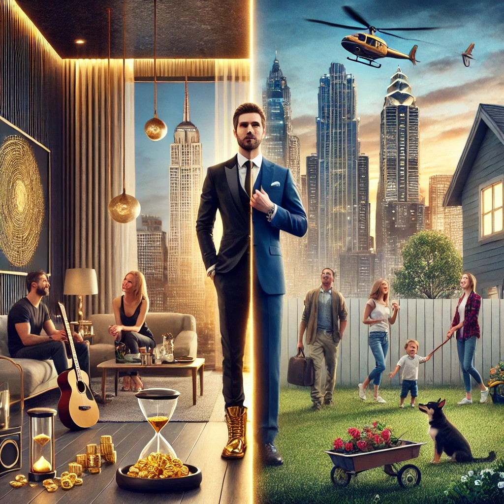 DALL·E 2025-04-16 01.37.07 - A dramatic contrast between two worlds_ On the left side, a wealthy individual who risked everything for a 1% chance of success. He stands confidently.jpg