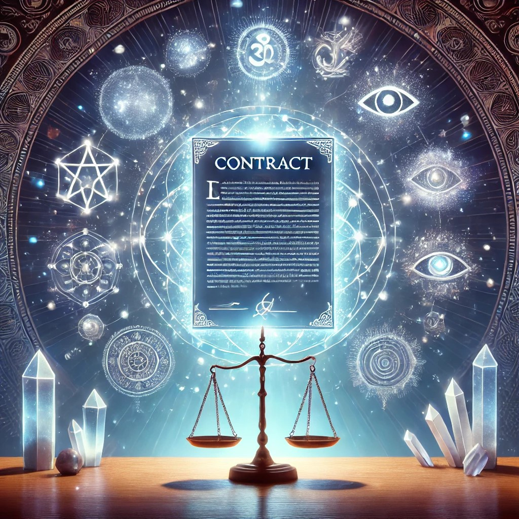 DALL·E 2024-11-19 15.16.02 - A symbolic depiction of legal protection in the spiritual industry. The image features a glowing contract document with a mystical aura, surrounded by.jpeg