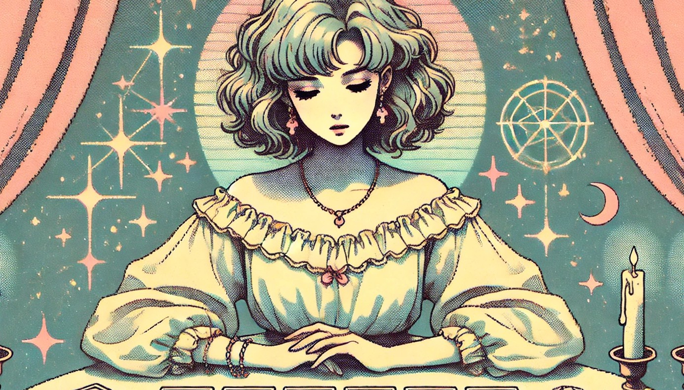 DALL·E 2025-02-09 04.14.57 - A retro 1980s style illustration of Yumeno Ai, a Japanese fortune teller, performing a Hexagram Tarot Spread. She has a modern, elegant appearance wit.jpg