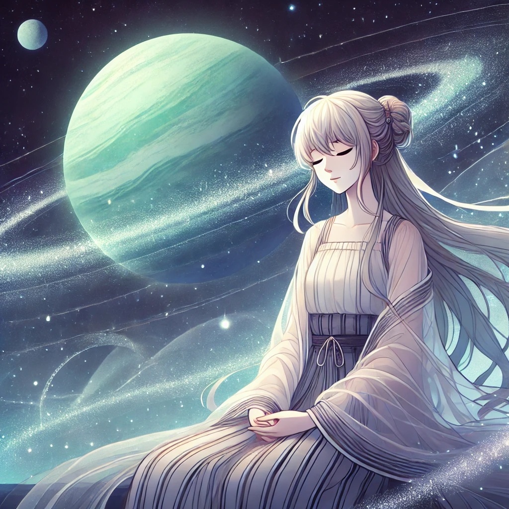 DALL·E 2025-01-09 19.40.23 - An anime-style illustration featuring a serene and elegant young woman with long flowing hair, sitting calmly in meditation. She is surrounded by soft.jpg