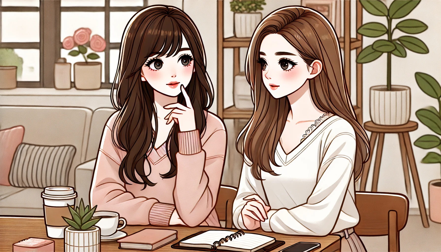 DALL·E 2024-08-29 20.48.49 - Create an illustration of two young women in their 20s having a conversation, in a stylish Japanese anime style. They appear engaged and focused, with.png