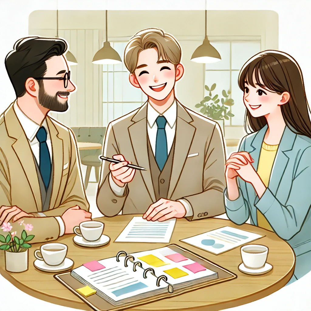 DALL·E 2024-10-18 19.24.59 - A professional yet lively illustration showing three people having a cheerful meeting at a table. The person on the left, wearing a beige suit, is exp.jpg