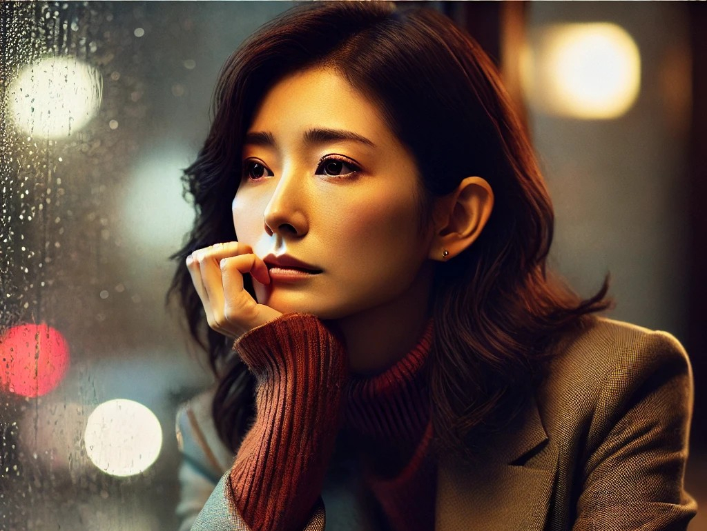 DALL·E 2025-05-21 10.52.23 - A 30-something Japanese woman sitting at a small cafe table in the evening, letting out a soft sigh. She has medium-length dark hair and is wearing sm.jpg