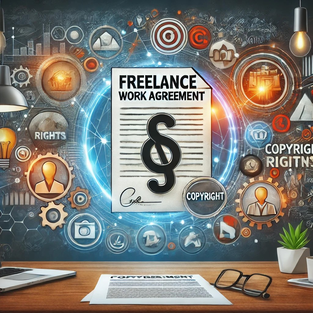 DALL·E 2024-10-21 20.49.31 - A dynamic illustration of a 'Freelance Work Agreement' with a copyright symbol, surrounded by icons representing intellectual property, creative right.jpeg