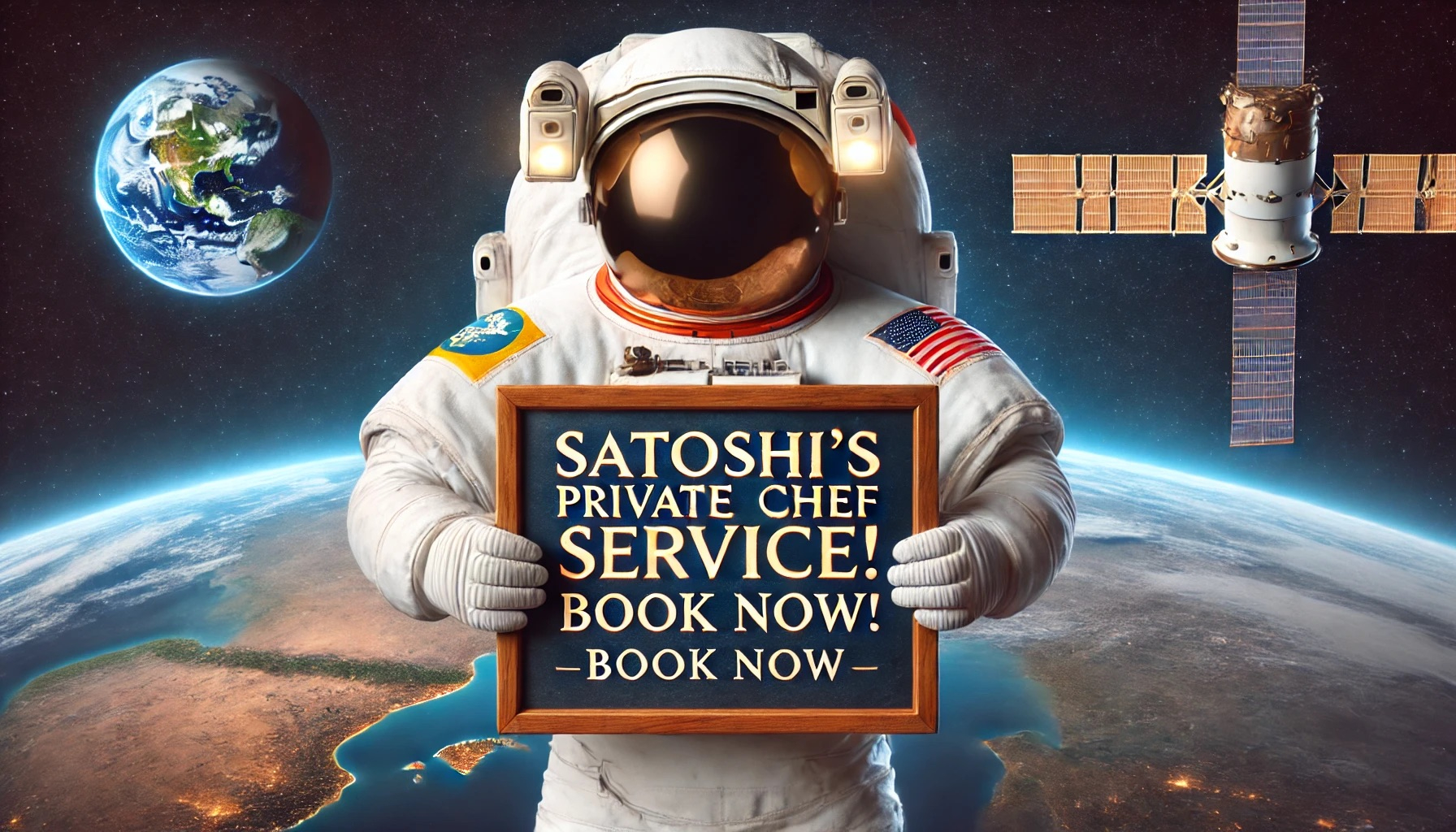 DALL·E 2024-07-02 23.09.54 - A high-quality image of an astronaut in space holding a sign that reads 'Satoshi's Private Chef Service! Book Now!' with Earth in the background.jpeg
