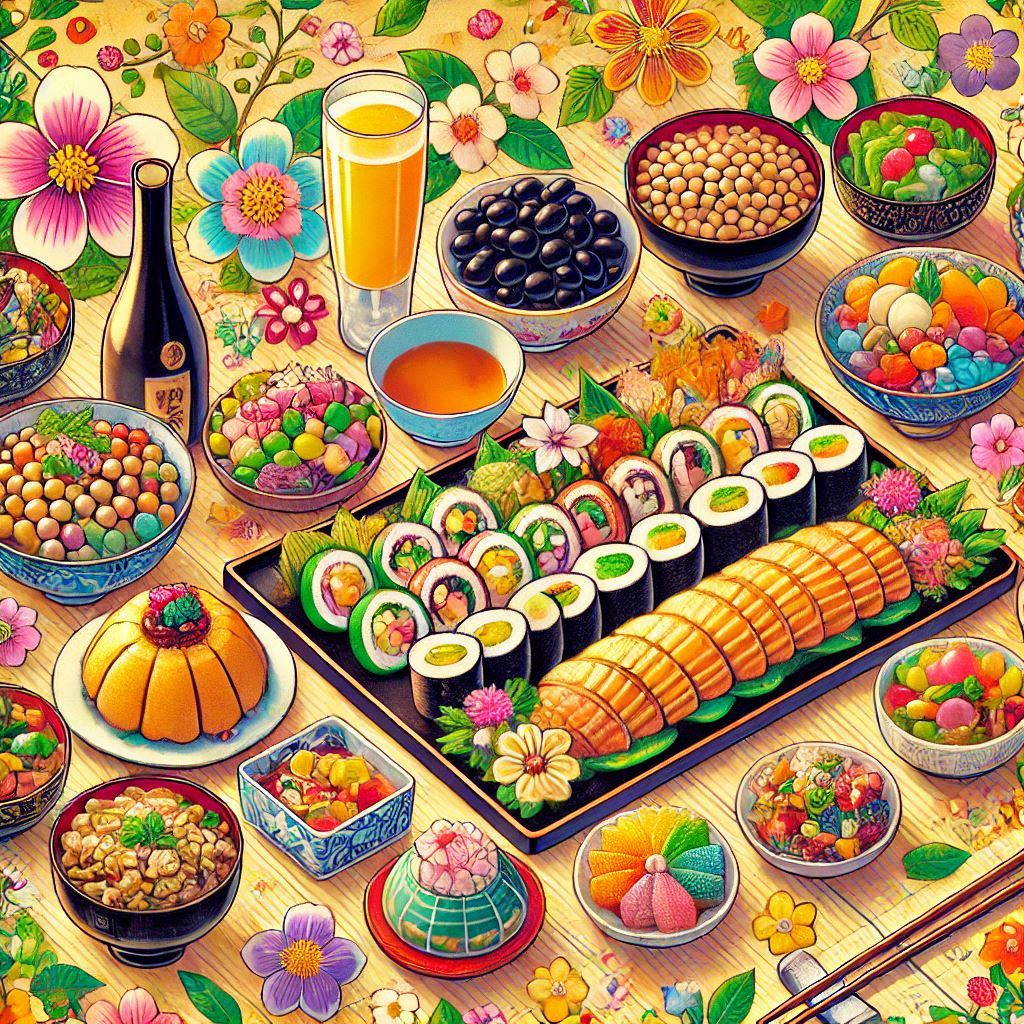 おせち料理をイメージしたペーパーバック調のイラスト.png