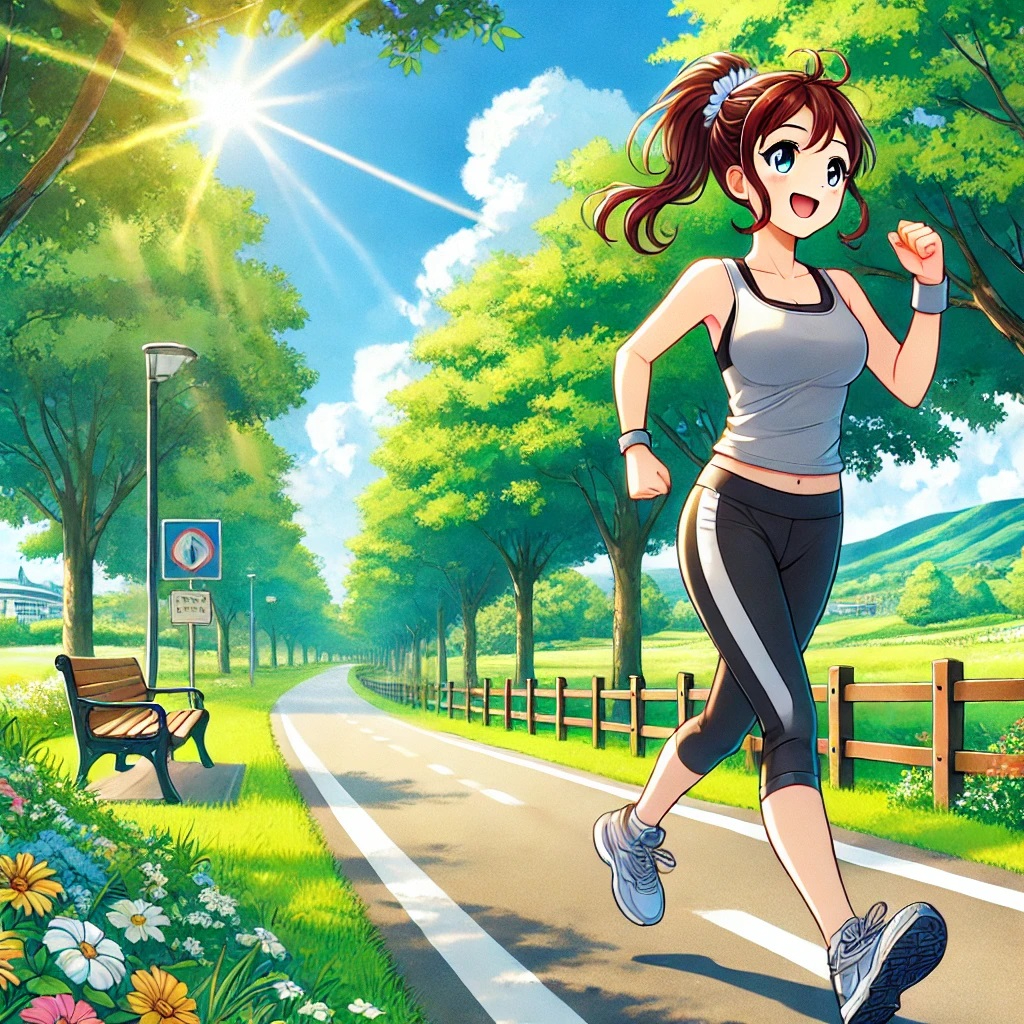 DALL·E 2024-12-17 01.41.40 - An anime-style illustration of a cheerful and energetic woman jogging along a scenic park trail. She is wearing sporty attire, including a tank top, l.jpg