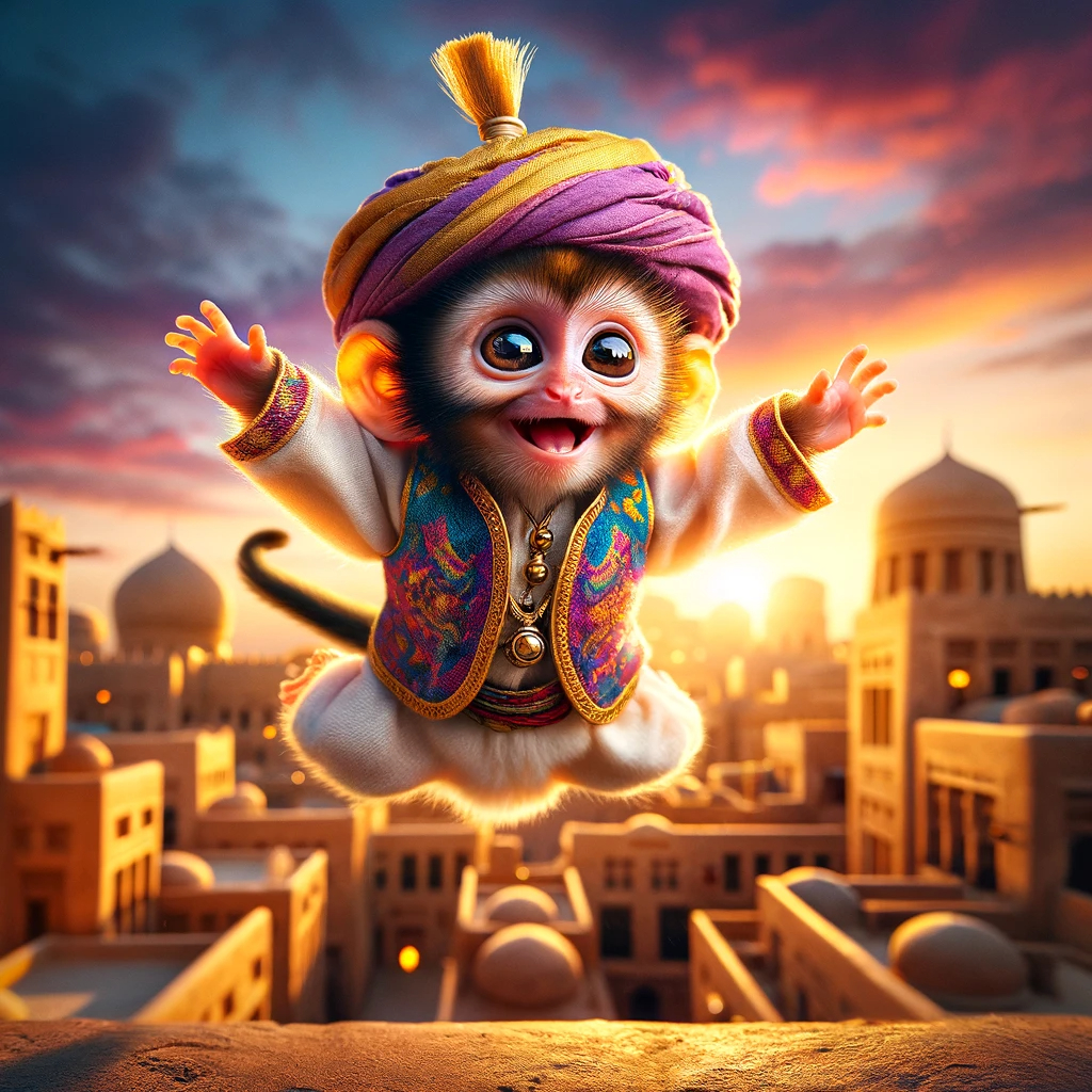 DALL·E 2023-11-22 18.12.26 - A playful small monkey, dressed in a miniature traditional Arabian outfit including a tiny turban and a colorful vest, is joyfully leaping in the air.png