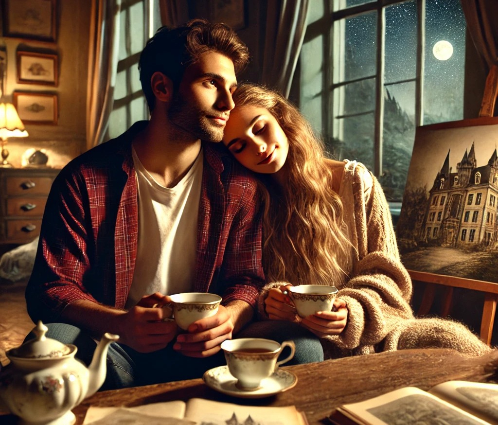 DALL·E 2025-04-24 02.22.55 - A cozy and heartwarming scene showing a couple sitting together late at night, sipping tea and looking sleepy. They are seated in a warmly lit room wi.jpg