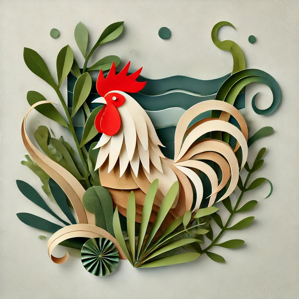 DALL·E 2025-02-08 10.35.18 - A papercraft-style illustration featuring a rooster as the main subject, with seaweed elements creatively incorporated into the design. The compositio.jpg