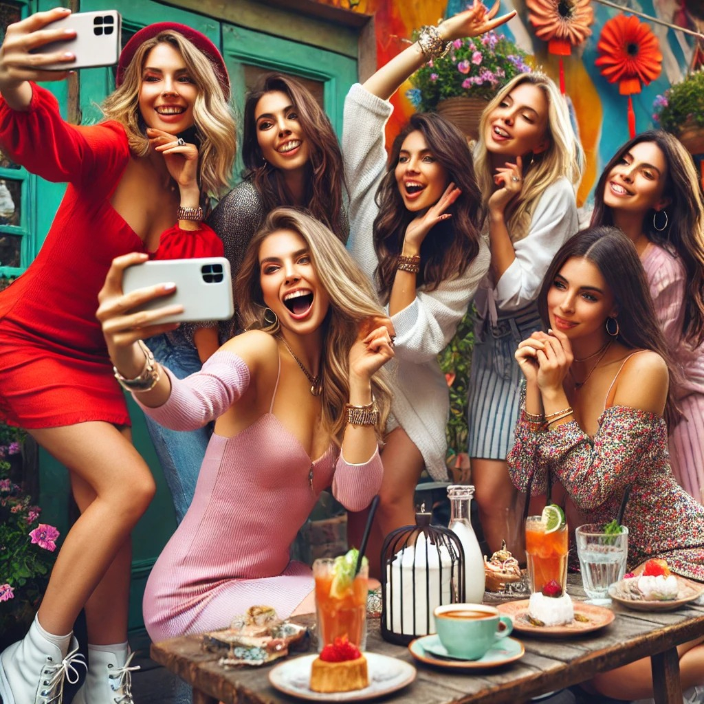 DALL·E 2025-07-08 22.30.18 - A lively group of young women in their 20s enthusiastically taking photos for social media in a stylish outdoor setting, like a colorful café or a flo.jpg