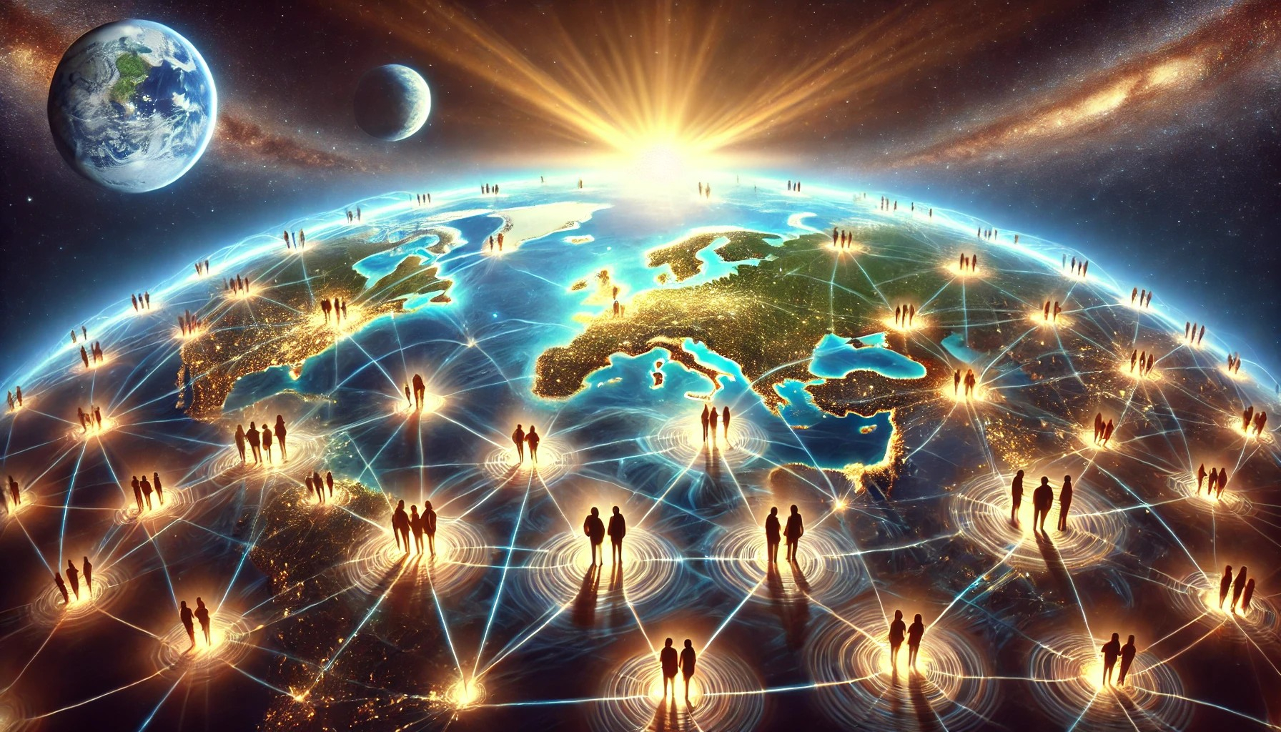 DALL·E 2024-12-20 22.28.52 - A wide, horizontal illustration from a bird's-eye view of Earth, showing silhouettes of people scattered across different locations, all connected by .jpg