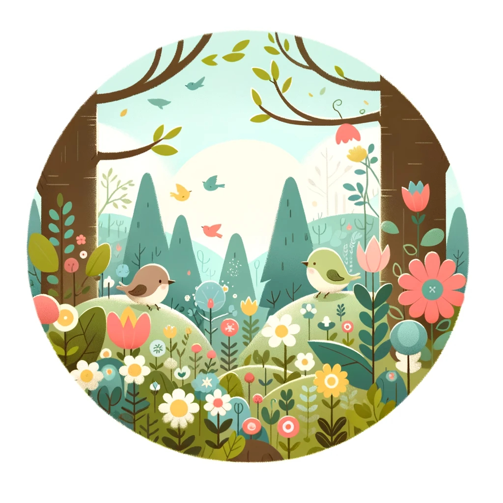 DALL·E 2024-02-18 17.03.26 - A spring morning in the forest brimming with new life Tiny birds are chirping away and flowers of every color bloom vibrantly This scene is designed for an illustration in a picture b.jpeg