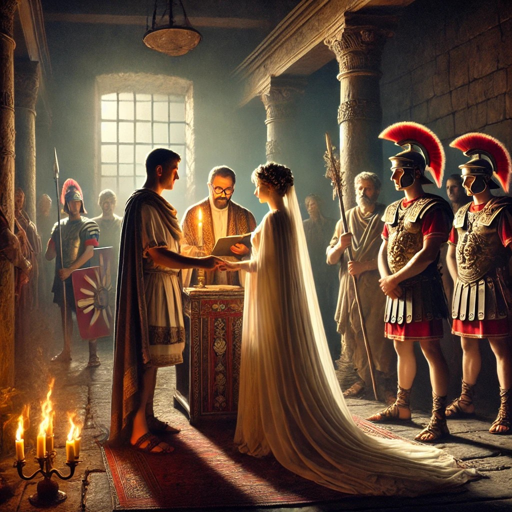 DALL·E 2025-02-13 16.50.38 - An ancient Roman scene depicting a secret wedding ceremony conducted by Saint Valentine in a dimly lit room. A Roman soldier and his bride stand befor.jpg