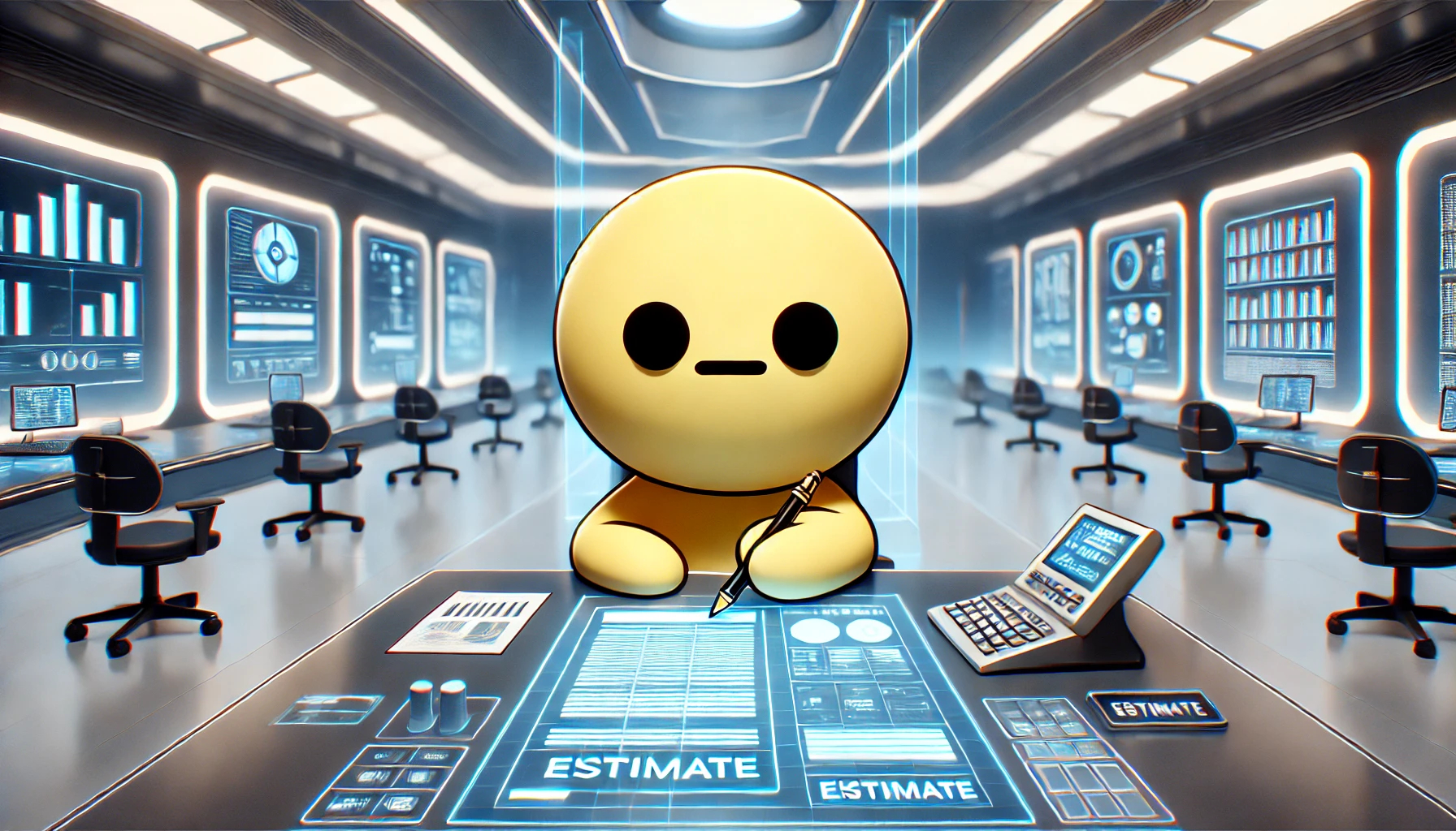 DALL·E 2024-08-21 09.49.05 - A wide, futuristic office background in a cartoonish anime style. The foreground features the same simple yellow character with a round head, very sim.png