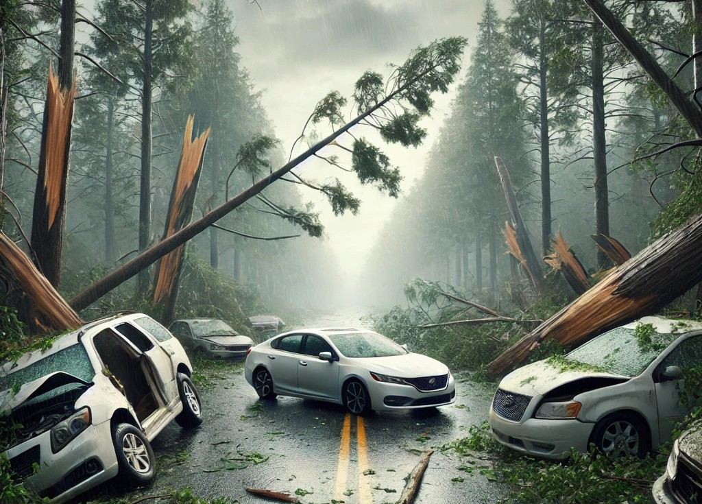 DALL·E 2025-04-22 10.16.05 - A realistic post-storm scene in a suburban or forested area. Large trees have been uprooted and fallen across the road and nearby parked cars. Several.jpg