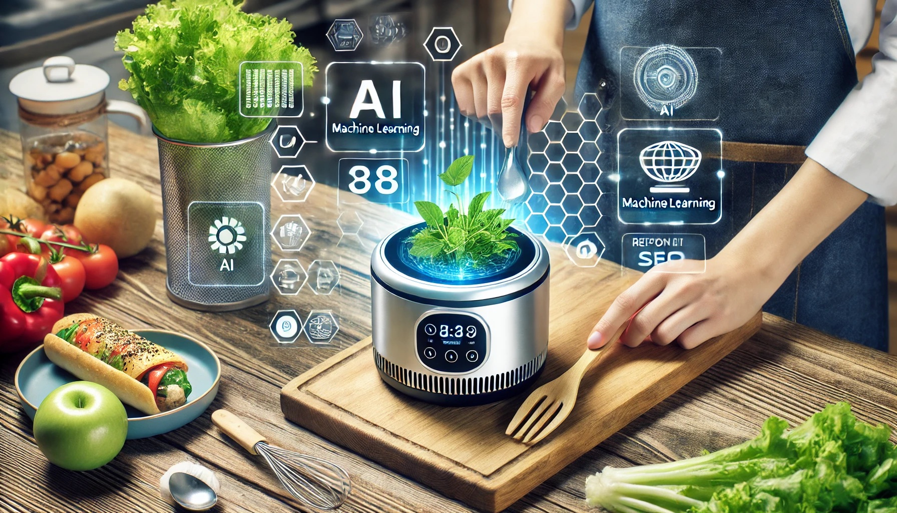 DALL·E 2024-06-25 22.33.28 - A high-quality image showing a smart kitchen device being used to prepare a meal efficiently, representing the use of AI and machine learning in SEO.jpeg