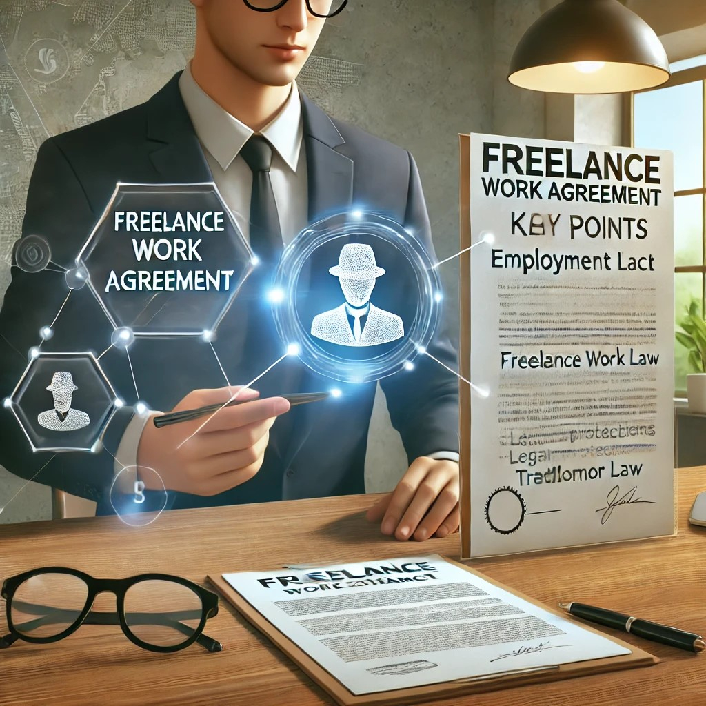 DALL·E 2024-10-21 17.56.16 - An illustration depicting a businessperson pointing at key points in a 'Freelance Work Agreement' and 'Employment Contract' on a desk, symbolizing the.jpeg