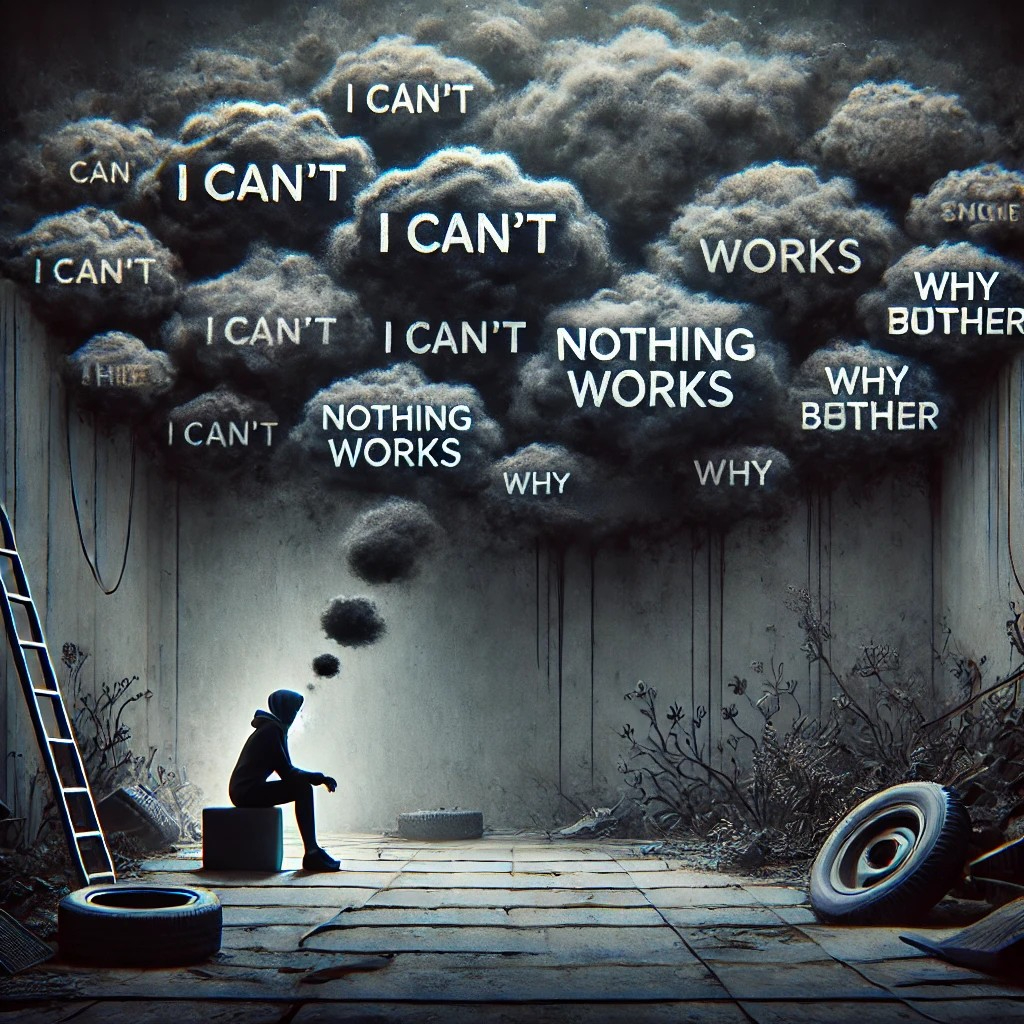 DALL·E 2025-07-12 11.40.43 - A symbolic and emotional image of a person whose life becomes increasingly negative due to constant negative thinking and speech. The person is shown .jpg
