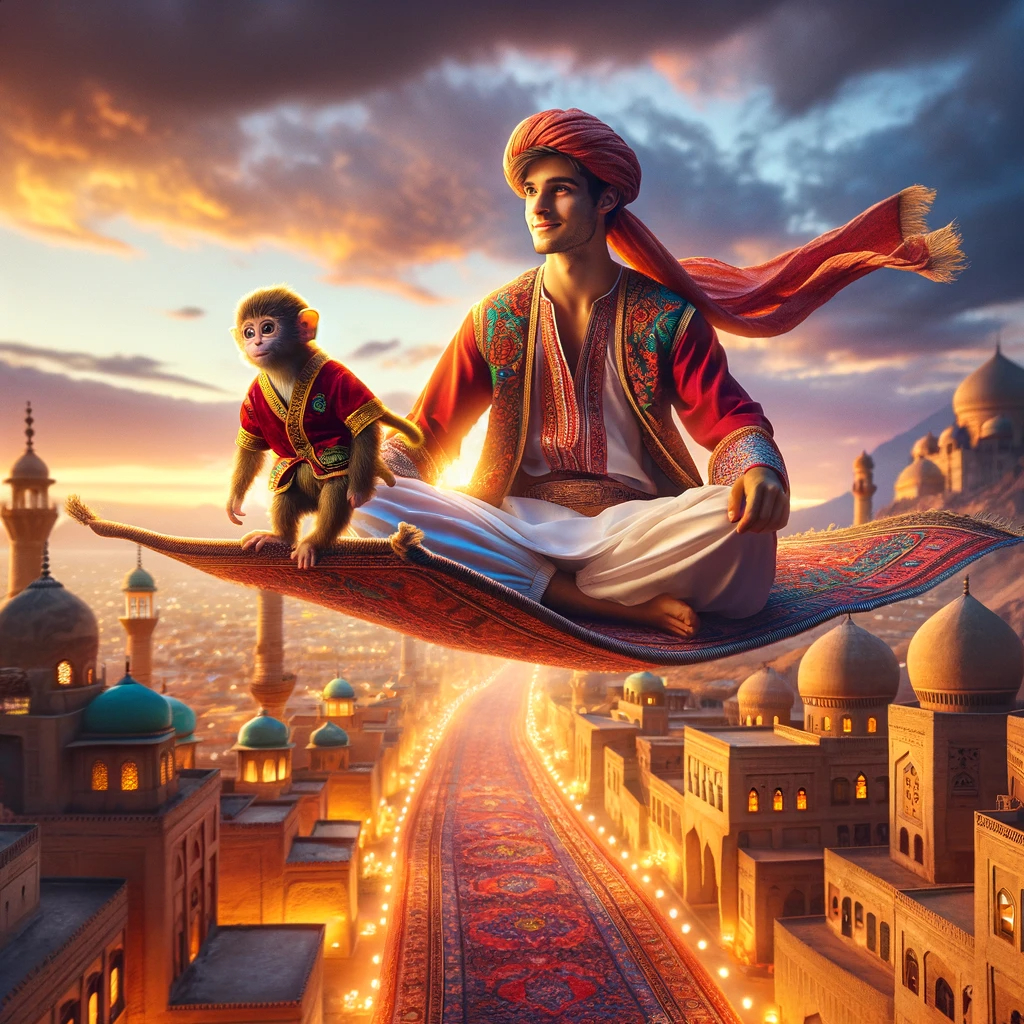 DALL·E 2023-11-22 18.12.15 - A young Middle-Eastern man, similar to the one in image pH7BPm4qSLePZ4jQ, flying on a magical carpet over an ancient Arabian city at sunset. He is joi.png