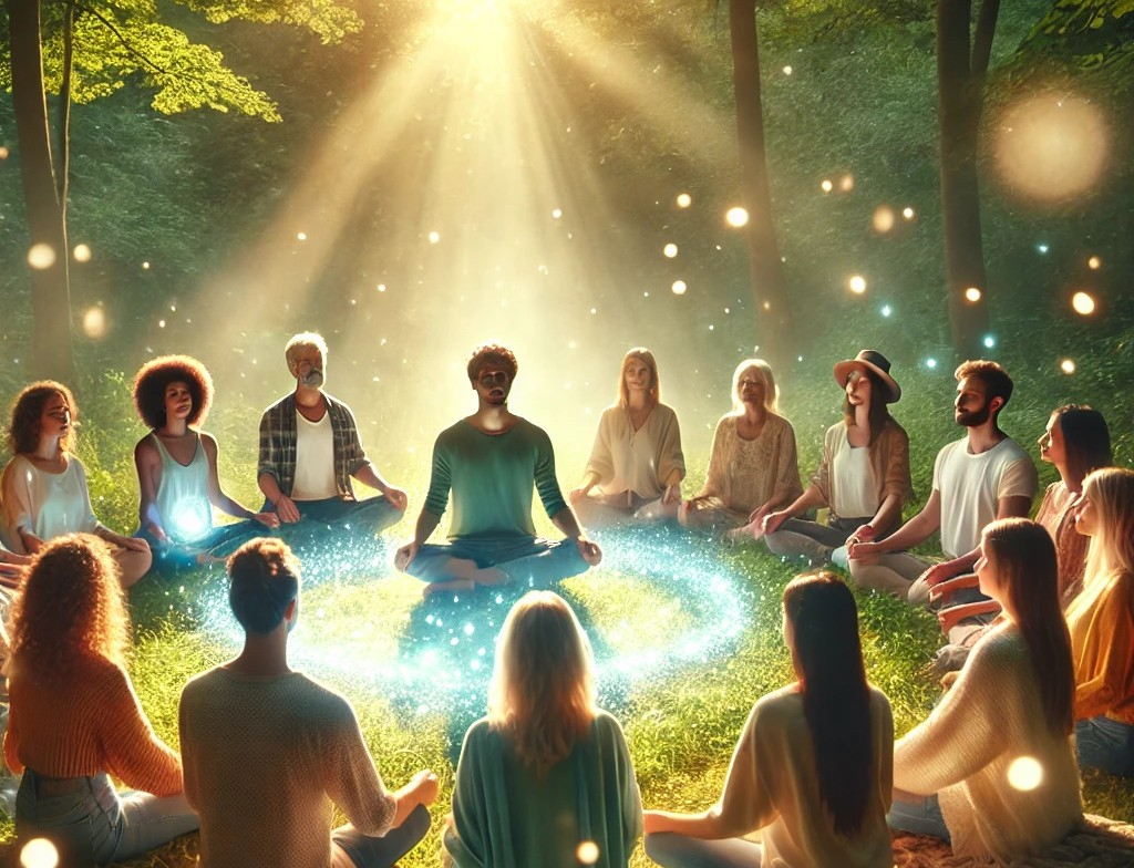 DALL·E 2025-05-21 12.01.10 - A group of diverse people sitting in a circle in a peaceful natural setting, such as a forest clearing or a quiet meadow, meditating together. The atm.jpg