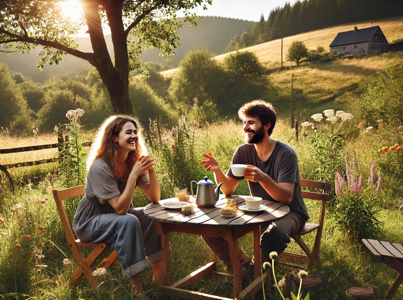 DALL·E 2025-07-30 11.30.31 - A peaceful rural scene where two friends are enjoying a relaxing tea time outdoors in the countryside. They are sitting at a small wooden table in a g.jpg