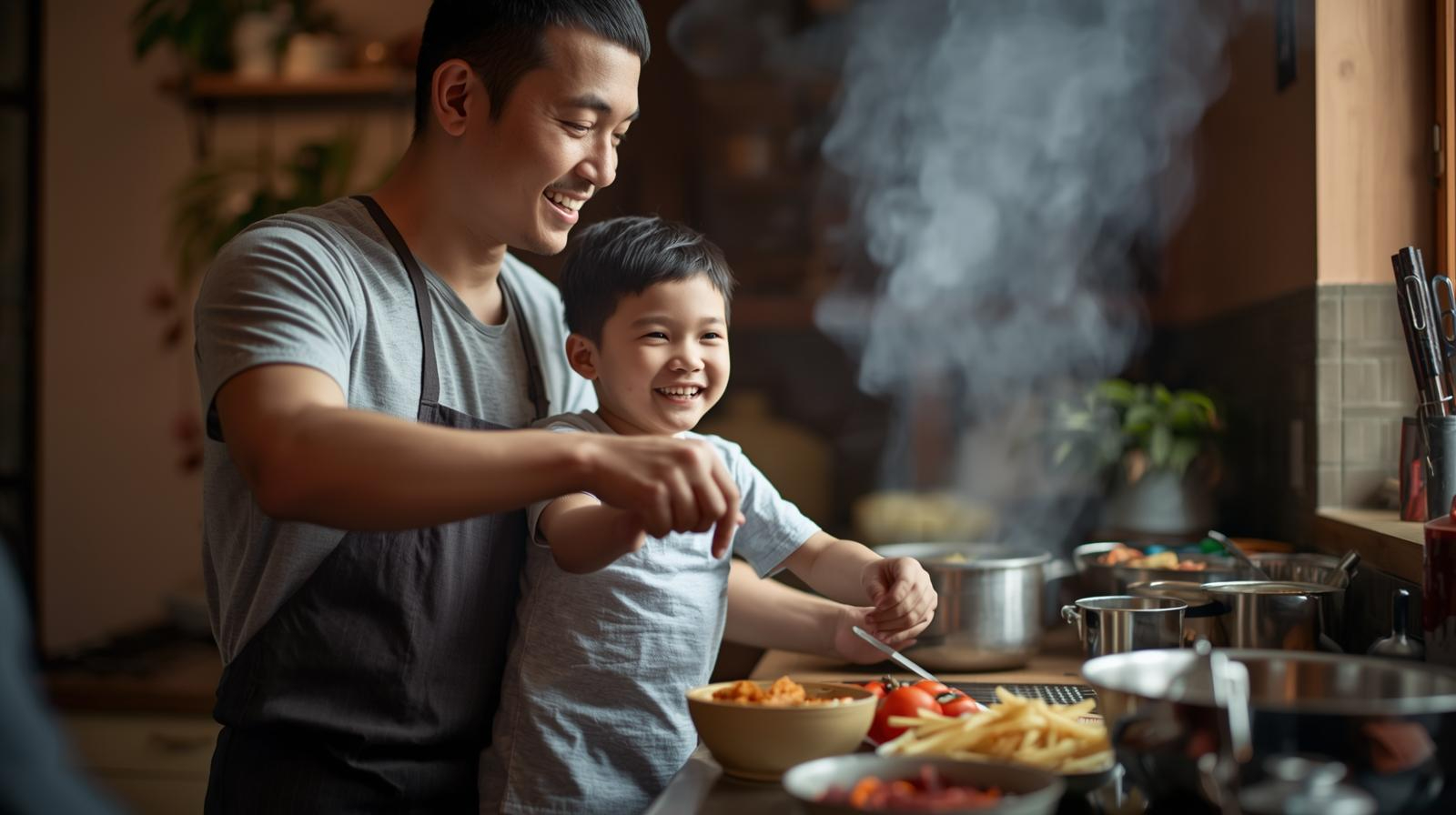 息子が父親と楽しそうに料理をしているシーン.jpg