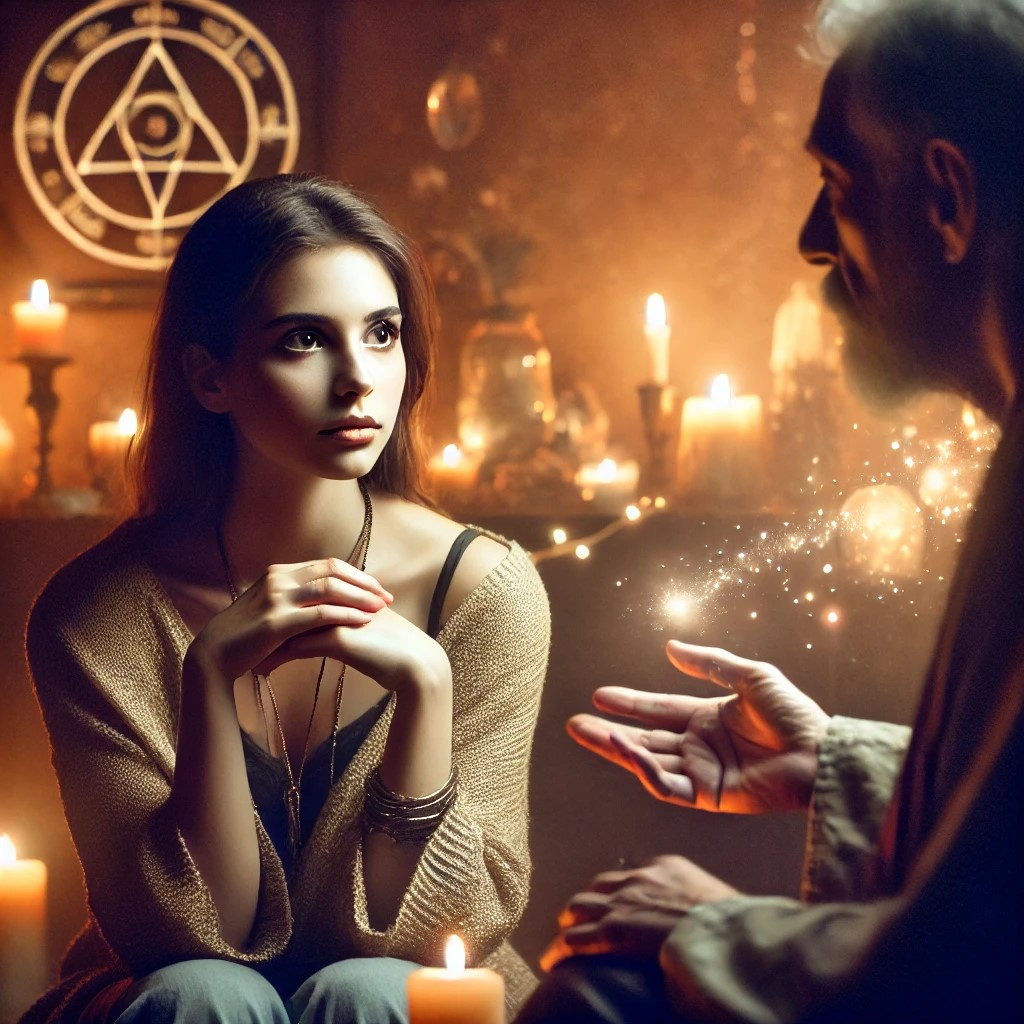 DALL·E 2025-07-22 18.10.52 - A mystical and emotional scene of a woman deeply focused as she listens intently to a spiritual medium or psychic. The woman sits with wide, trusting .jpg