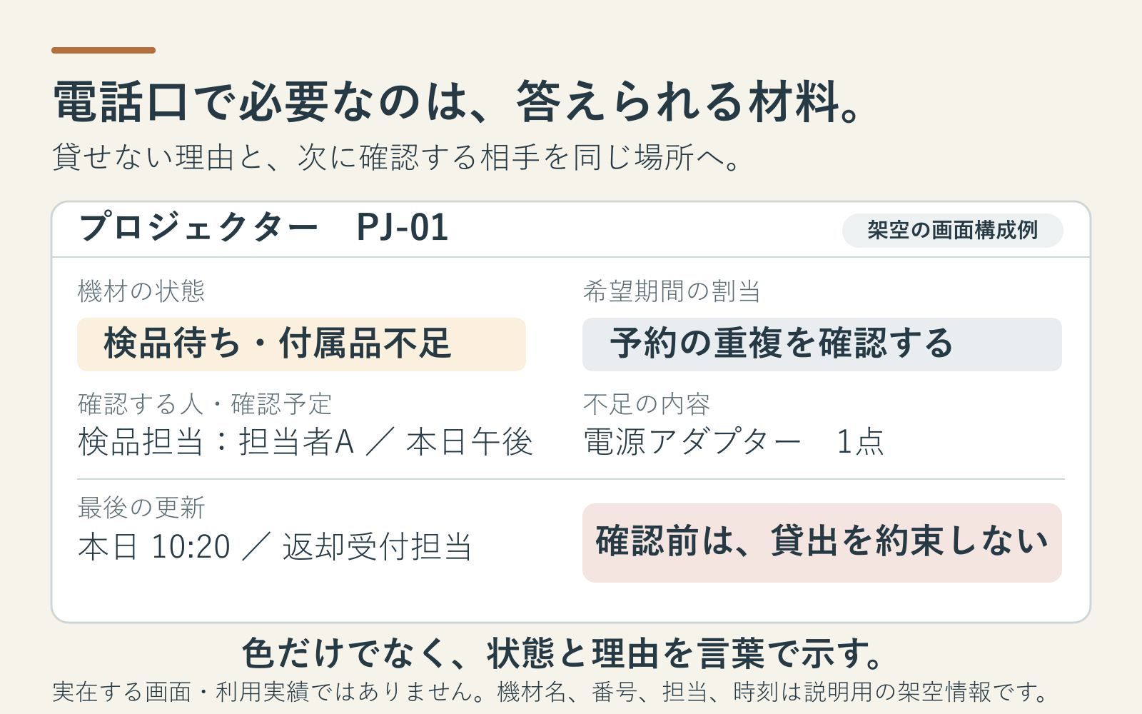 機材の状態と付属品不足と確認担当を示す架空の受付画面構成.png