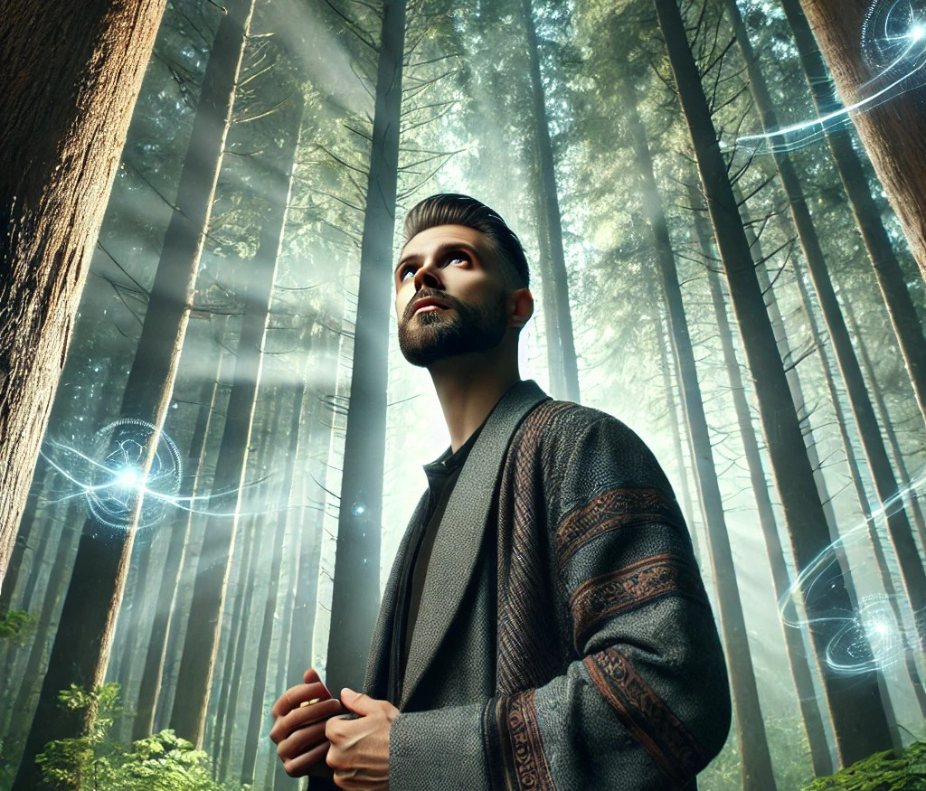 DALL·E 2025-04-23 05.37.46 - A realistic and mystical forest scene viewed from a low angle, looking up at tall trees with light filtering through the canopy. In the foreground sta.jpg