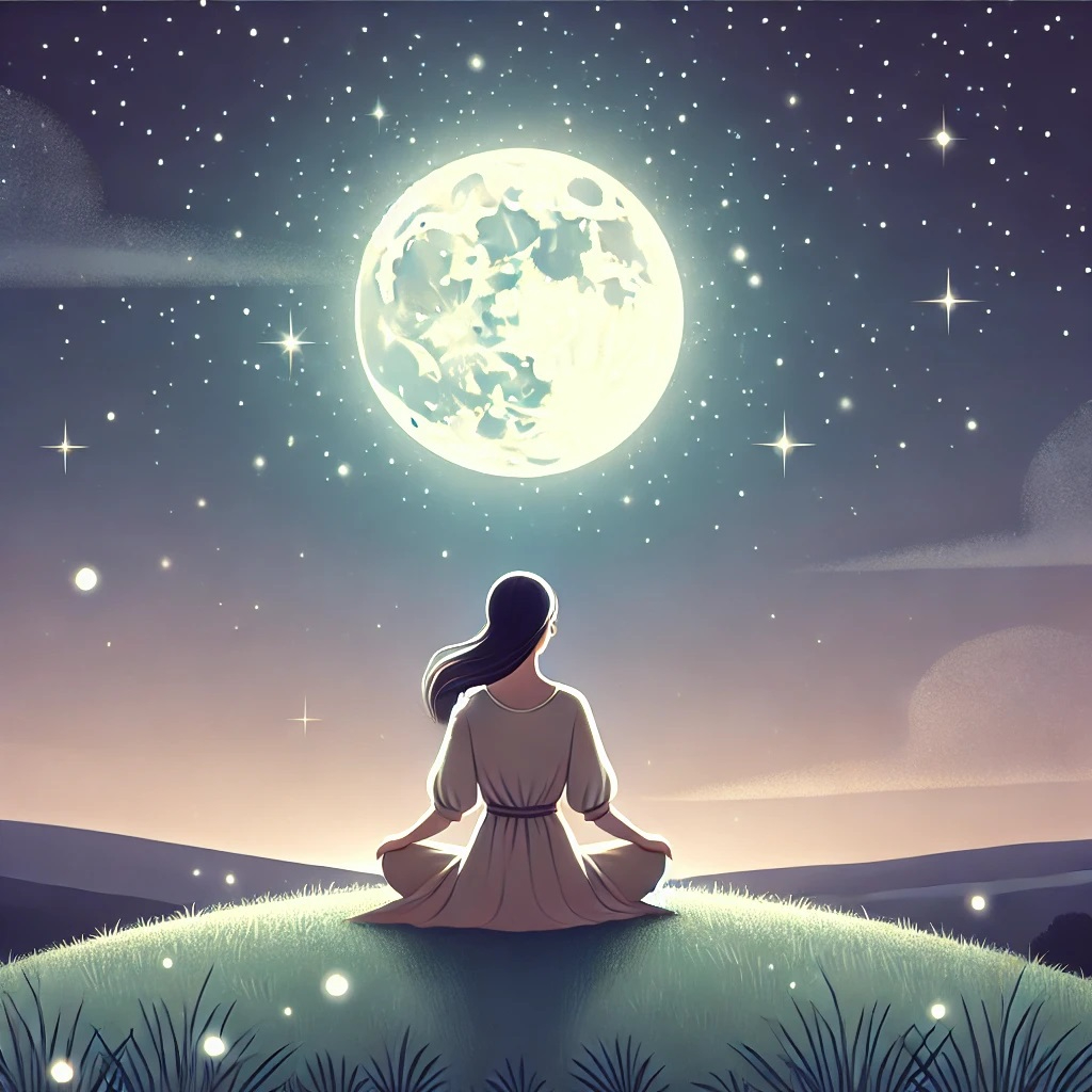 DALL·E 2025-01-25 15.11.57 - A serene nighttime illustration of a woman sitting on a grassy hill, gazing at a starry sky with a radiant full moon. The atmosphere is calming and sp.jpg