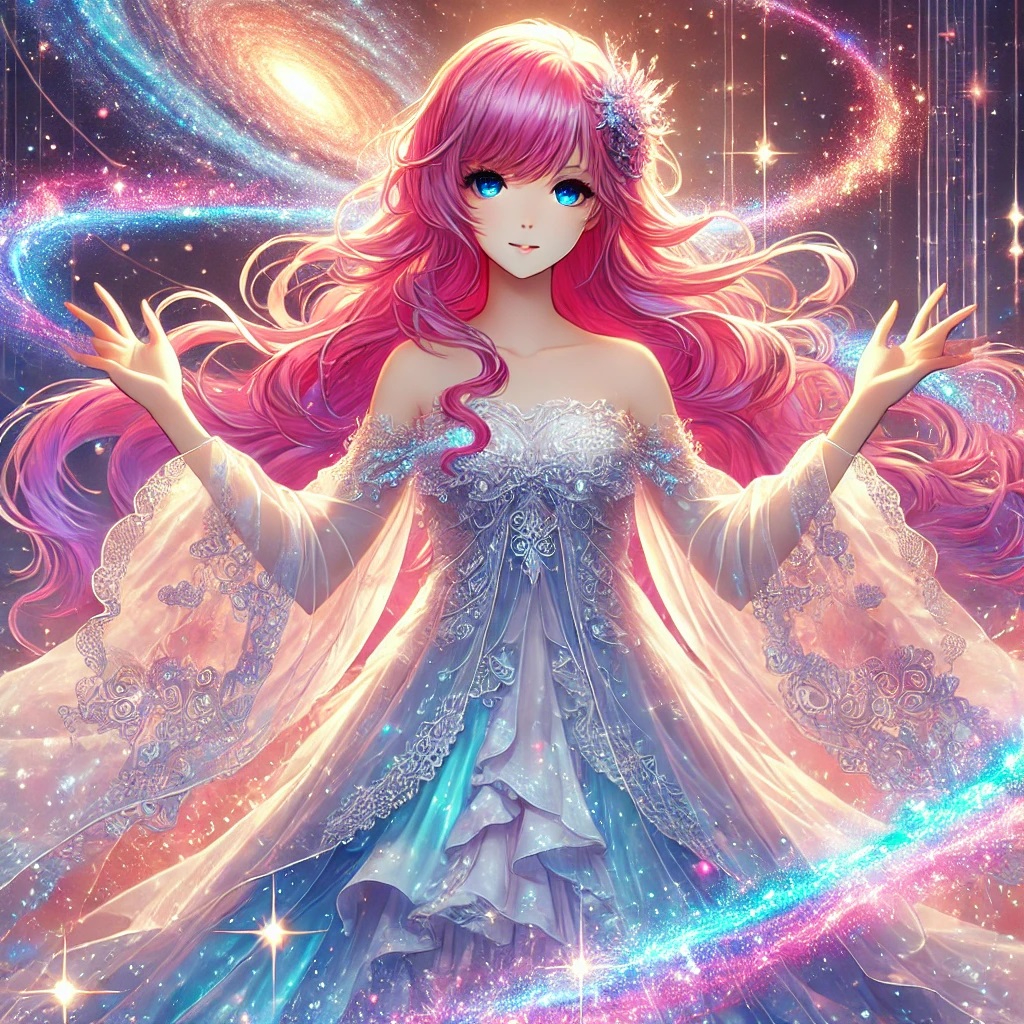 DALL·E 2025-02-14 13.29.03 - A stunning anime-style illustration of a young woman with elegant pink hair standing in a radiant cosmic field. She wears a flowing, ethereal dress th.jpg