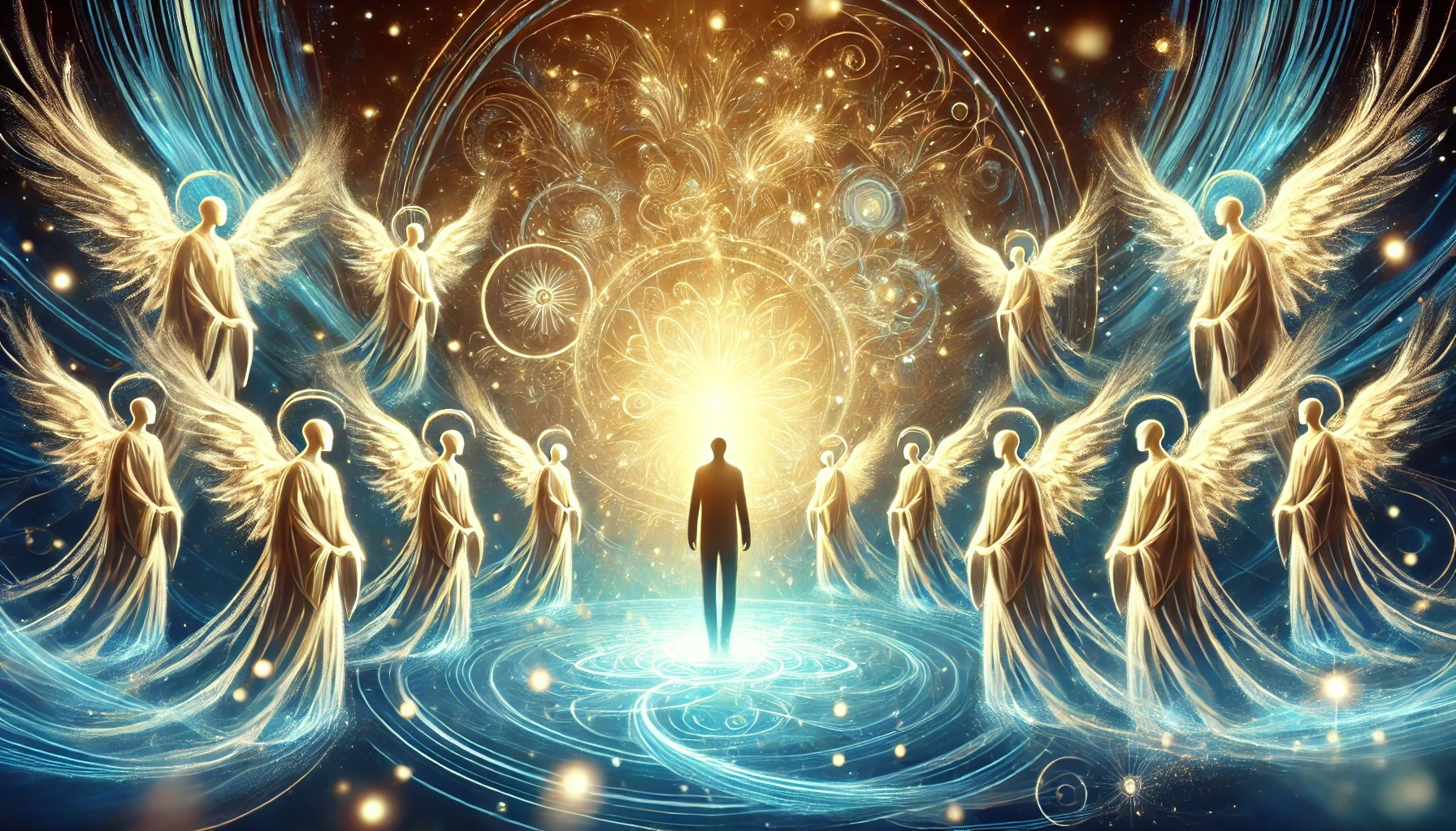 DALL·E 2025-03-25 12.08.20 - A wide, mystical illustration of a group of guardian spirits watching over a person. The person is standing or sitting in the center, surrounded by lu.jpg