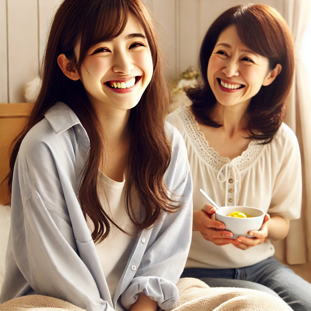 DALL·E 2025-09-13 23.40.59 - A heartwarming and realistic image of a Japanese middle school-aged girl who has recovered from a cold, smiling brightly and sitting up on her bed or .jpg