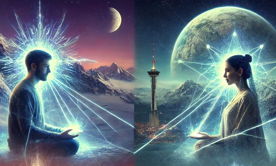 DALL·E 2025-05-13 02.07.18 - Two or more psychics from distant countries are having a telepathic conversation. Each person is in a different environment representing their country.jpg