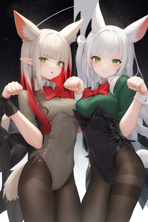 1910062516_2girls, paw pose, from side, multicolored hair, red hair, (white hair)+, green eyes, pointy ears, sweater, glasses, collar, bowtie, space_1.png