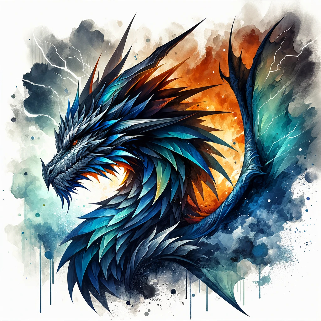 DALL·E 2023-11-18 20.33.10 - Transform the watercolor style dragon into a very cool and impressive version. Maintain the angular shape but add dynamic and bold features. Use stron.png