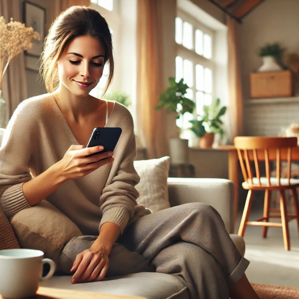 DALL·E 2025-10-09 15.26.13 - A relaxed woman in her 30s sitting on a comfortable sofa in a modern living room, casually reading a blog on her smartphone. The atmosphere is cozy an.jpg