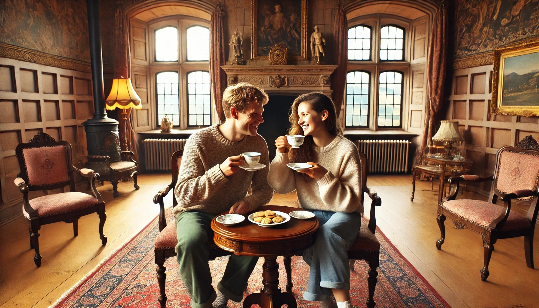 DALL·E 2025-04-19 07.42.34 - Inside a grand yet cozy European castle room, a cheerful couple sits together at a small antique table, enjoying a simple but pleasant moment. They ar.jpg